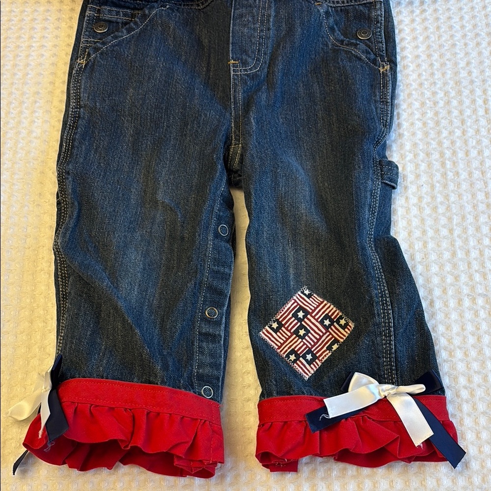 BABY GAP Red White Blue Denim Overalls Patriotic Stars Stripes Bib Skirt Ruffles - Picture 6 of 16
